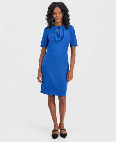 Kasper Women's Tie-neck Short-sleeve Sheath Dress In Blue