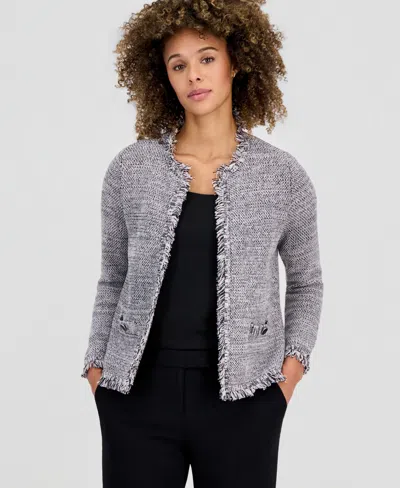 Kasper Women's Tweed Fringed Cardigan Jacket In Gray