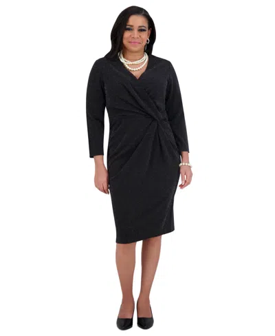 Kasper Women's Twist-front 3/4-sleeve Glitter Sheath Dress In Blk