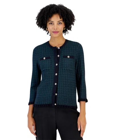 Kasper Women's Two-tone Stitch Crew Neck 3/4 Sleeve Cardigan In Black,evergreen