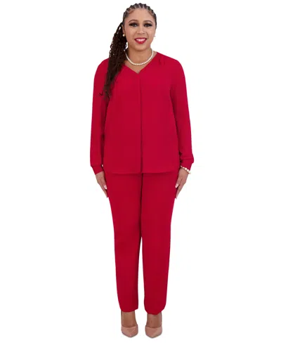 Kasper Women's V-neck Button-front Long-sleeve Blouse In Crimson