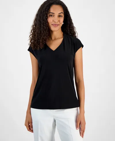 Kasper Women's V-neck Cap-sleeve Top, Regular & Petite In Black