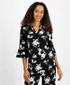 Kasper Plus Size Split-neck Floral Flutter-sleeve Top In Black,vanilla Ice