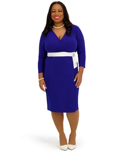 Kasper Women's V-neck Knee Length Wrap Dress, Regular And Plus Size In Blue