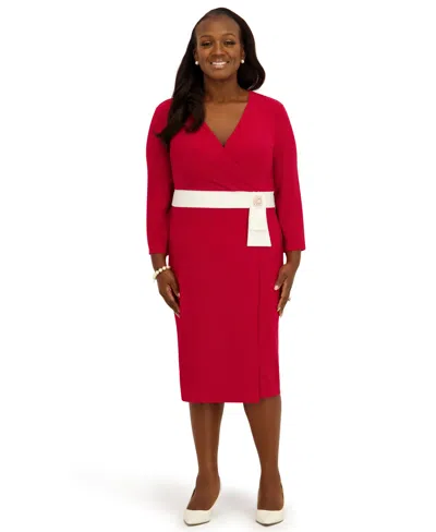 Kasper Women's V-neck Knee Length Wrap Dress, Regular And Plus Size In Red