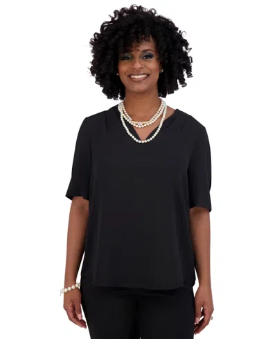 Kasper Women's V-neck Pleated-shoulder Elbow-sleeve Top