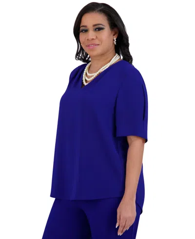Kasper Women's V-neck Pleated-shoulder Elbow-sleeve Top In Royal