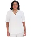 Kasper Plus Size Stretch Knit Short-sleeve Cowl-neck Top In White