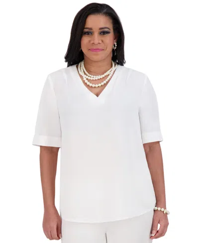 Kasper Plus Size Stretch Knit Short-sleeve Cowl-neck Top In Vanilla Ice White