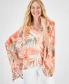 Kasper Women's V-neck Printed Chiffon Poncho In Orange
