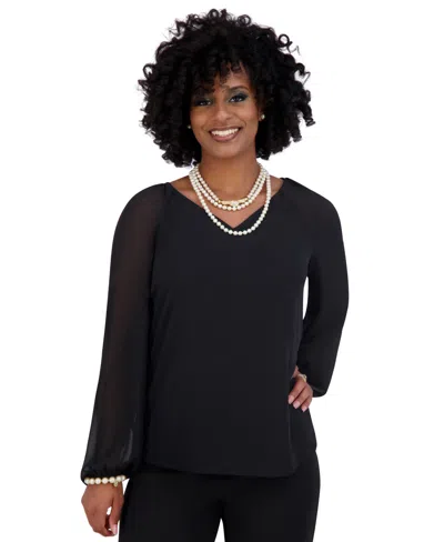 Kasper Women's V-neck Raglan-long-sleeve Blouse In Blk