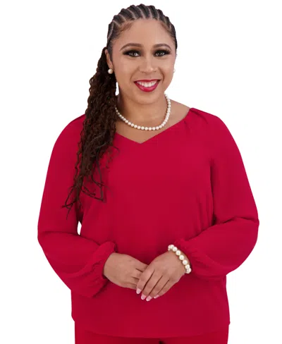 Kasper Women's V-neck Raglan-long-sleeve Blouse In Crimson