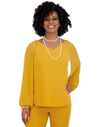 Kasper Women's V-neck Raglan-long-sleeve Blouse In Gold