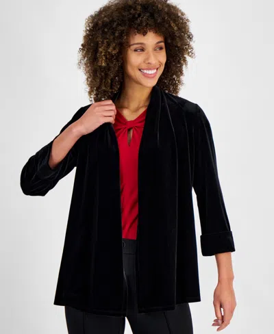Kasper Women's Velour 3/4-sleeve Cuffed Cardigan In Black