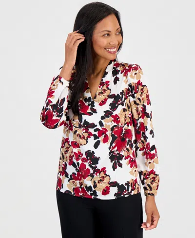 Kasper Women's V-neck Long-sleeve Floral-print Blouse In Multi