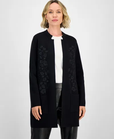 Kasper Women's Windowpane Open-front Cardigan In Black