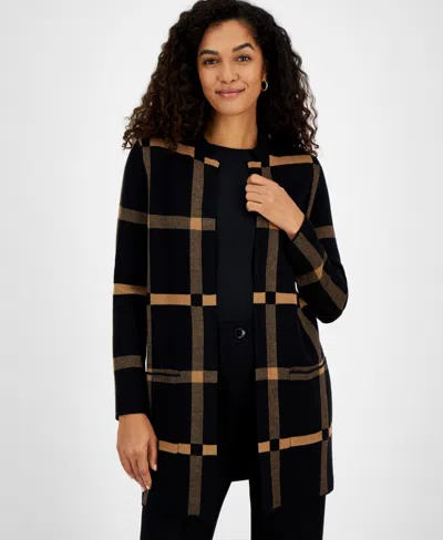 Kasper Women's Windowpane Open-front Cardigan In Black/vicuna