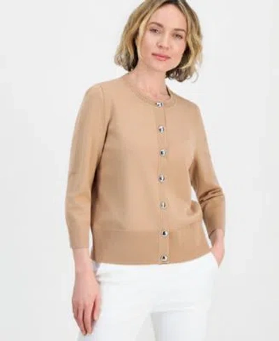 Kasper Womens 3 4 Sleeve Crewneck Cardigan Sweater In Brown