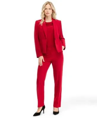 Kasper Womens 3 4 Sleeve Stretch Jersey Boat Neck Top Crepe One Button Blazer Mid Rise Pants In Red