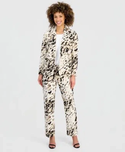 Kasper Womens Animal Print One Button Blazer Straight Leg Pants In Multi