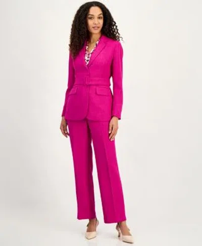 Kasper Womens Belted Notch Collar Blazer Tie Neck Sleeveless Top Claire Melange Straight Leg Pants In Pink