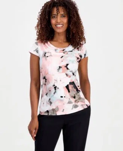 Kasper Womens Blurred Floral Cowlneck Top In White
