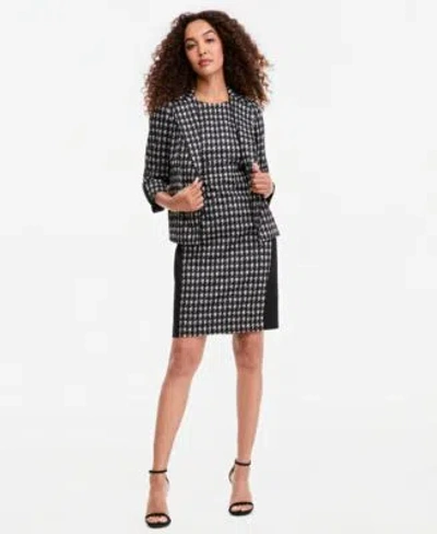 Kasper Womens Check Print Open Seamed Jacket Crewneck Sleeveless Sheath Dress In Gray