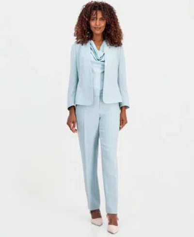 Kasper Womens Collarless Jacket Sleeveless Cowl Neck Blouse Fly Front Slim Pants In Blue
