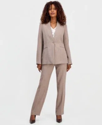 Kasper Womens Collarless Melange Jacket Sleeveless Ruffle Front Blouse Straight Leg Pants In Gray