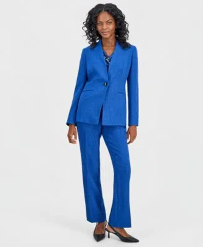 Kasper Womens Collarless One Button Jacket Printed Cowl Neck Cap Sleeve Top Textured High Rise Straight Leg In Blue Night Melange