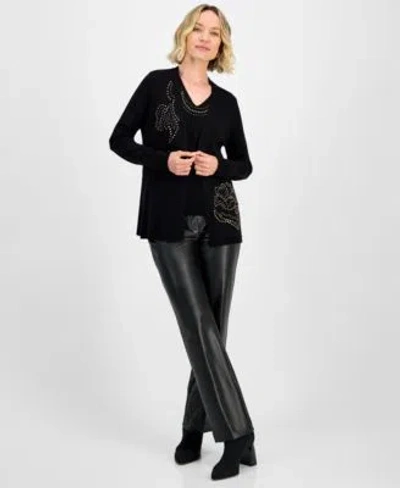 Kasper Womens Collarless Open Front 3 4 Sleeve Jacket Sleeveless Princess Seam Sheath Dress Regular Petite  In Black