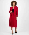 Kasper Womens Collarless Open Front Blazer Pleated Pull On Skirt In Red