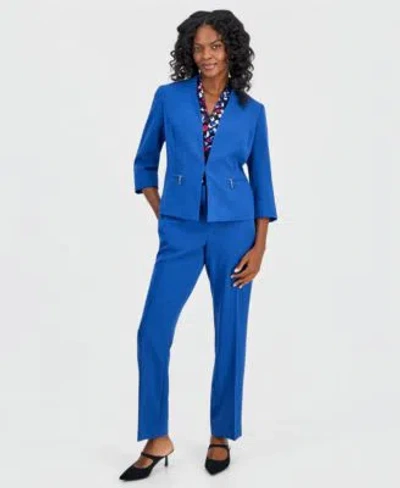 Kasper Womens Collarless Zip Pocket Cuffed Sleeve Jacket Printed V Neck Short Sleeve Top Ava Straight Leg P In Blue Night