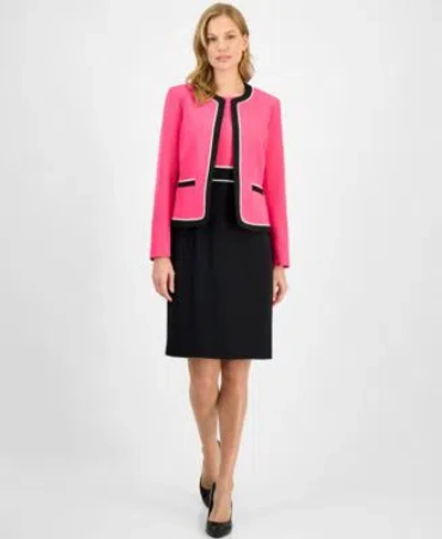 Kasper Womens Contrast Trim Open Front Jacket Colorblock Sheath Dress In Pink