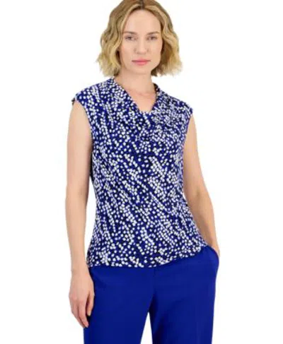 Kasper Womens Cowl Neck Cap Sleeve Print Blouse In Royal Signature Multi