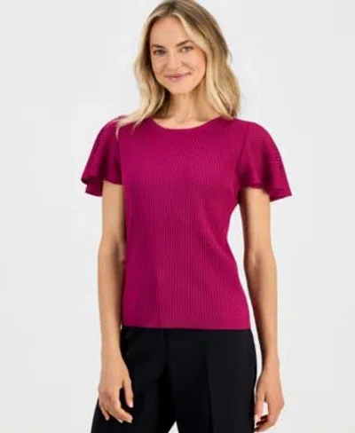Kasper Womens Crewneck Flutter Sleeve Rib Knit Sweater In Neutral