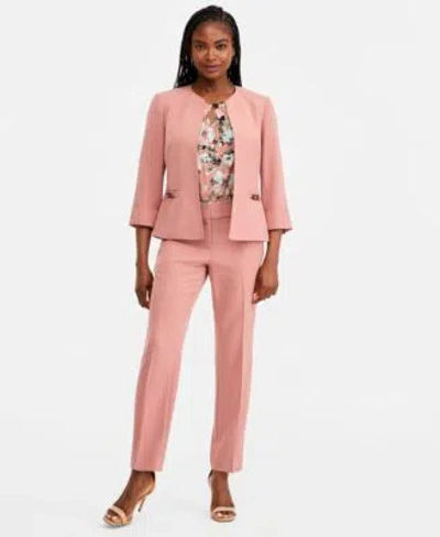 Kasper Womens Cuffed 3 4 Sleeve Collarless Jacket Pleated Keyhole Neck Top Fly Front Slim Pants In Multi