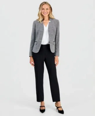 Kasper Womens Cutout Collar Long Sleeve Tweed Jacket Pleat Neck Sleeveless Blouse Ava Straight Leg Zip Pock In Multi