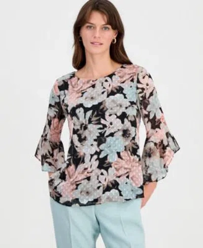Kasper Womens Floral Clip Dot 3 4 Sleeve Top In Multi