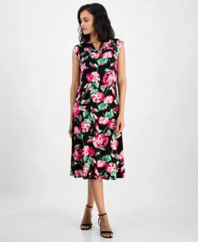 Kasper Womens Floral Cowlneck Cap Sleeve Top Floral Flared Pull On Midi Skirt In Black Multi
