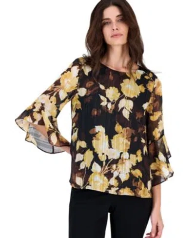 Kasper Womens Floral Print 3 4 Length Ruffled Sleeve Chiffon Blouse In Brown