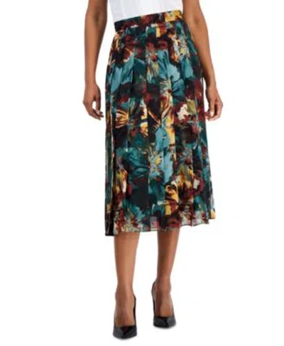 Kasper Womens Floral Print Pleated Pull On Skirt In Multi