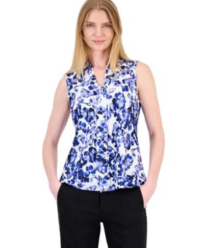 Kasper Womens Floral Print Sleeveless Tie Neck Satin Blouse In Vanilla Ice Multi