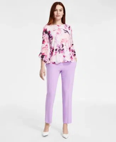 Kasper Womens Floral Ruffled Bell Sleeve Top Straight Leg Pants In Pink