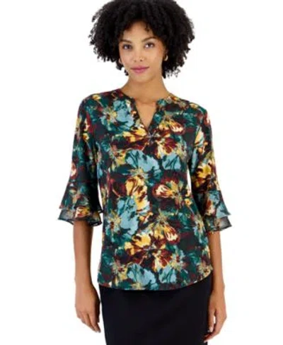 Kasper Womens Floral Split Neck 3 4 Length Flutter Sleeve Tunic In Multi