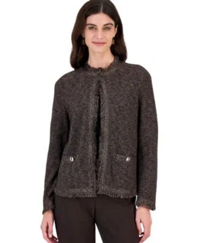 Kasper Womens Fringe Kissing Front Metallic Fitted Cardigan In Dark Camel Rich Chocolate