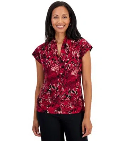 Kasper Womens Funnel Neck Cap Sleeve Print Blouse In Multi