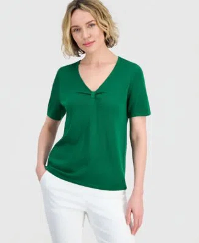 Kasper Womens Gathered V Neck Short Sleeve Sweater In Green