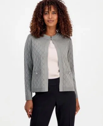Kasper Womens Kiss Front Diamond Stitch Cardigan In Gray