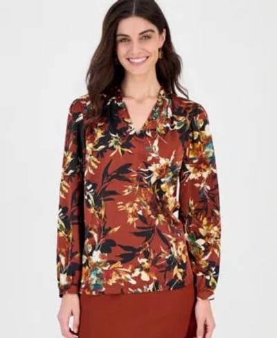 Kasper Womens Long Sleeve Floral Print V Neck Blouse In Brown